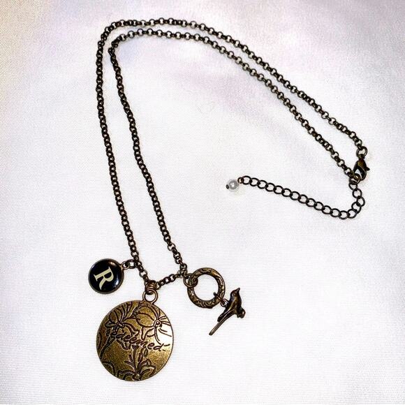 PENDANT NECKLACE “Redeemed” Floral Medallion, 3D Bird, R Charm Bronze Religious - Picture 4 of 12